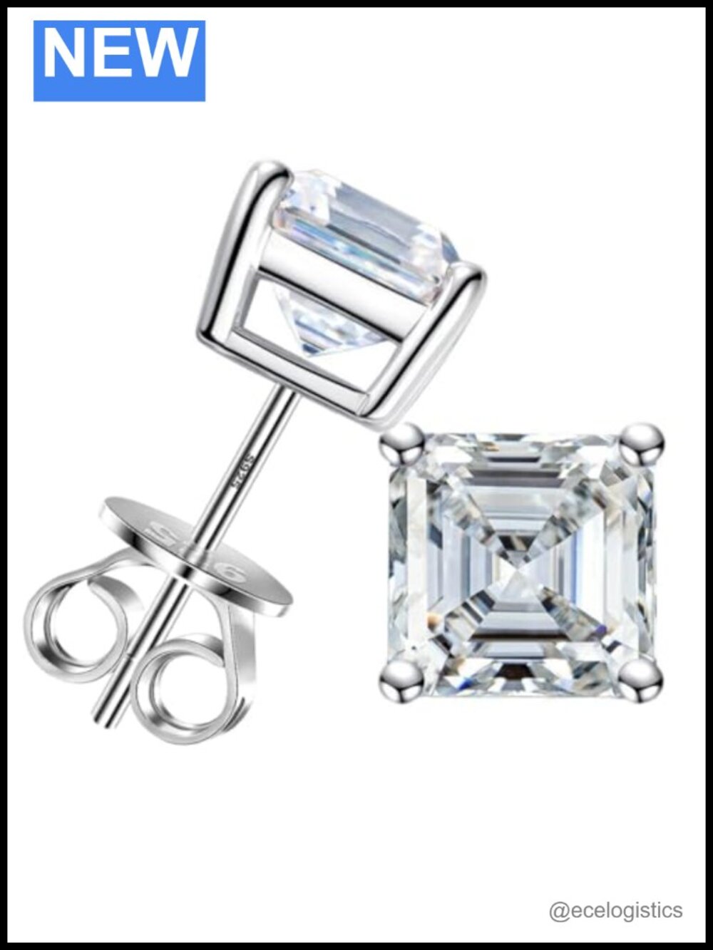 Asscher Moissanite Square Stud Earrings S925 Silver 18K Platinum